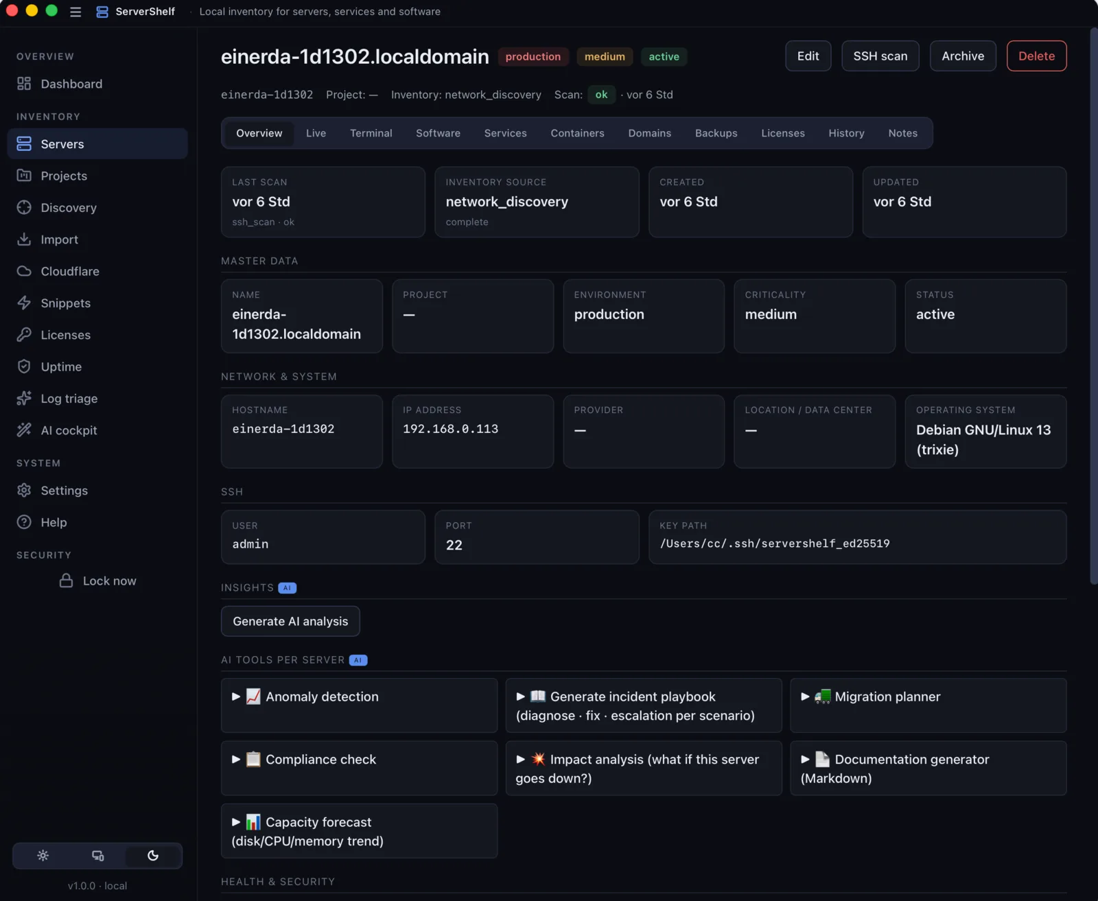 ServerShelf showing a server's overview, health and AI tools